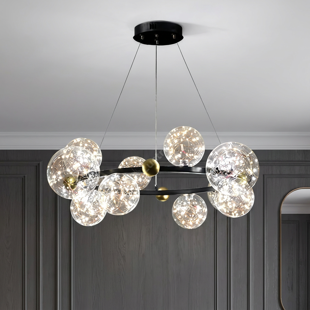 Lustra LED Suspendata Sparkle Black & Gold Echivalent 350W Telecomanda Ø60CM