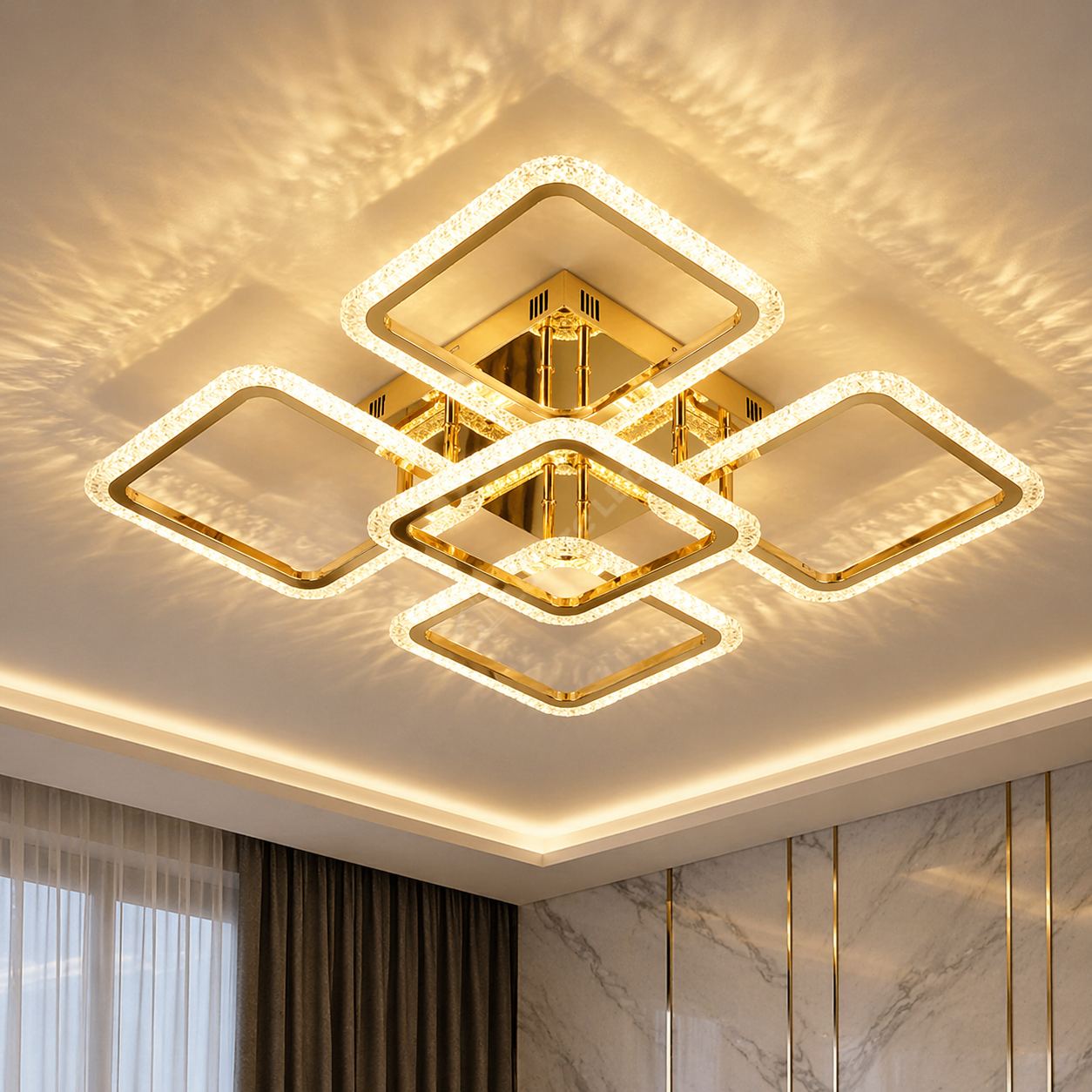 Lustra LED Brevia 4+1 Square Gold Echivalent 600W Telecomanda