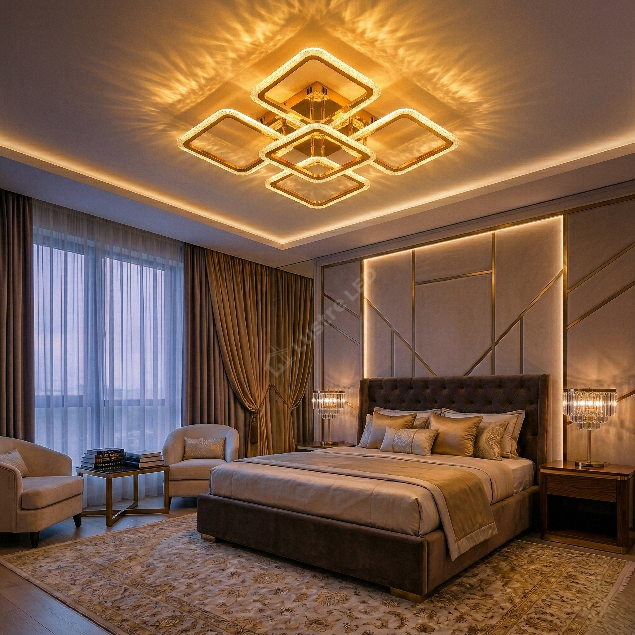 Lustra LED Brevia 4+1 Square Gold Echivalent 600W Telecomanda