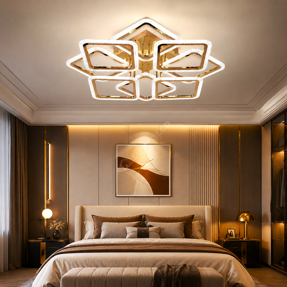 Lustra LED Brevia Gold Square 4+4 Echivalent 1000W Telecomanda