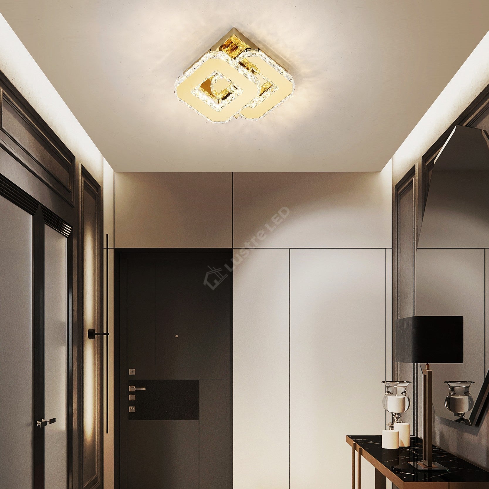 Lustra LED CRISTAL Double Square Gold Echivalent 200W