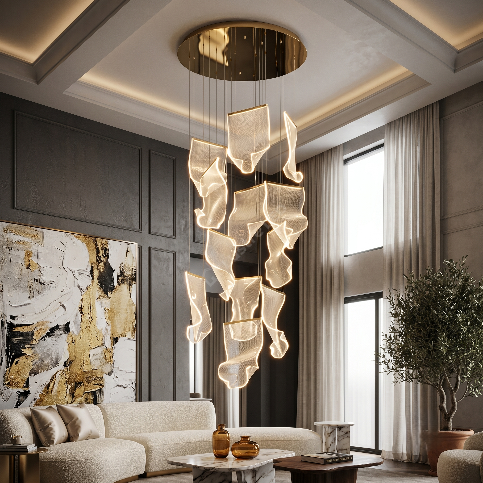 Lustra LED Luxury PAPER QUILL GOLD 12Elemente Echivalent 300W Telecomanda