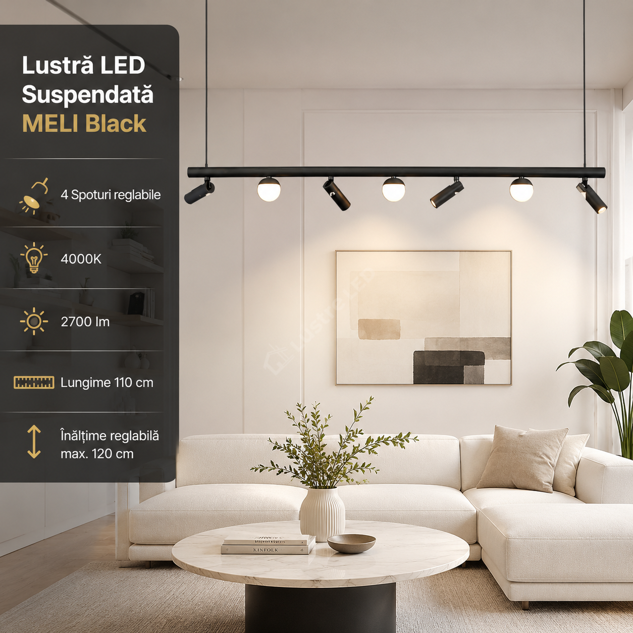 Lustra LED MELI Black Abajur cu 4 Spoturi Reglabile 110cm 2700lm 4000K