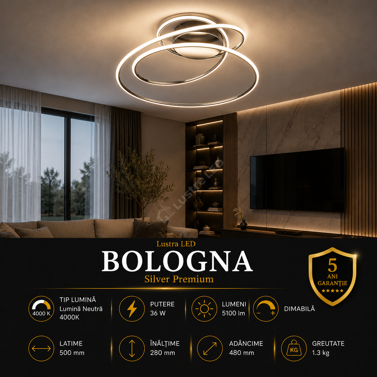Lustra LED Premium Bologna Silver Echivalent 500W | 4000K