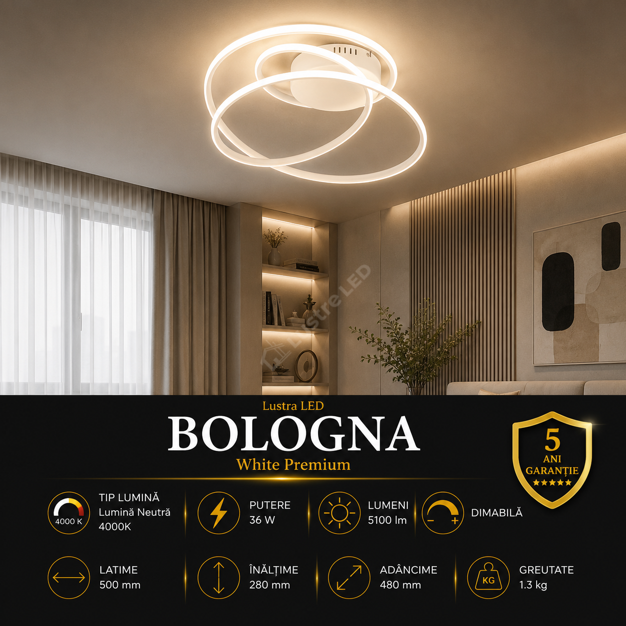 Lustra LED Premium Bologna White Echivalent 500W | 4000K