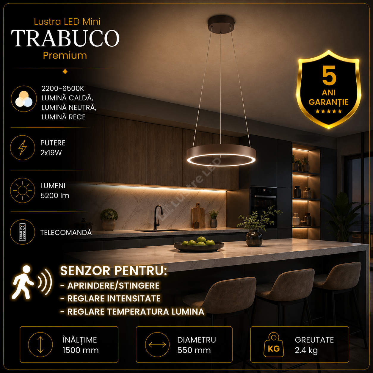 Lustra LED Premium cu Senzor Mini Trabuco Black & Brown Echivalent 500W