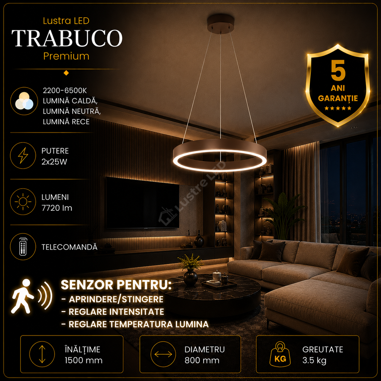 Lustra LED Premium cu Senzor Trabuco Black & Brown Echivalent 750W