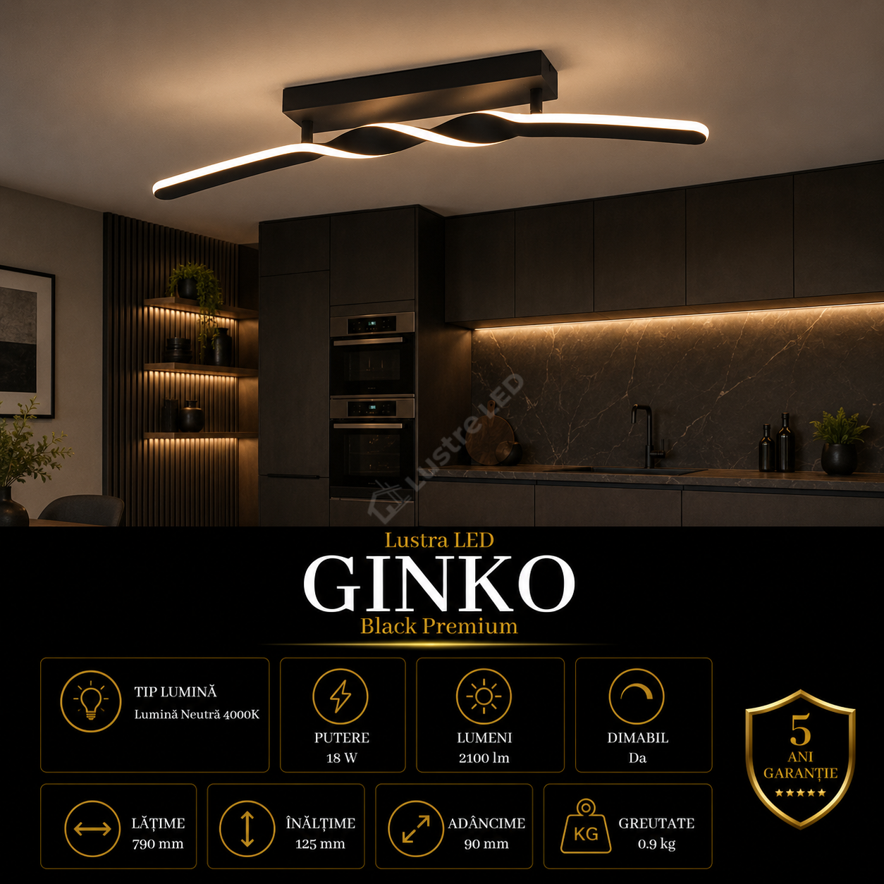 Lustra LED Premium Ginko Black Echivalent 200W | 3000K