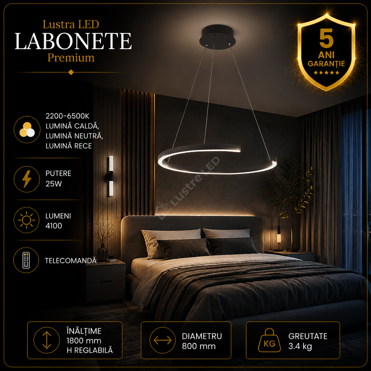 Lustra LED Premium Labonete Black Echivalent 400W Telecomanda