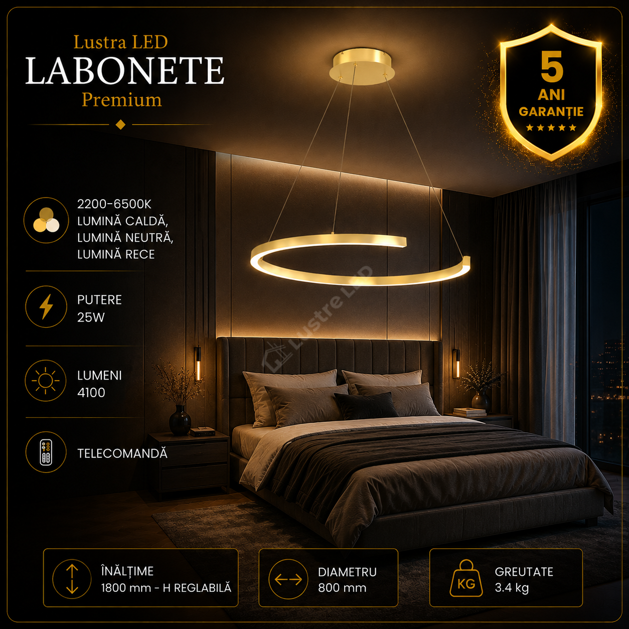 Lustra LED Premium Labonete Gold Echivalent 400W Telecomanda