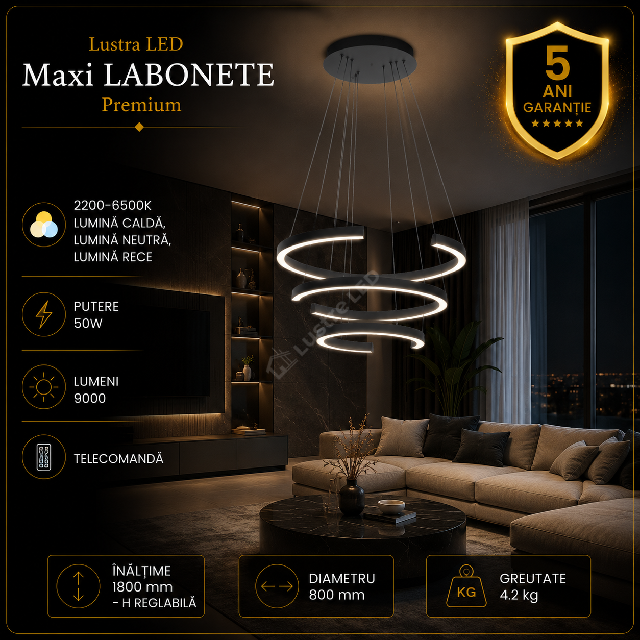 Lustra LED Premium Maxi Labonete Black Echivalent 900W Telecomanda