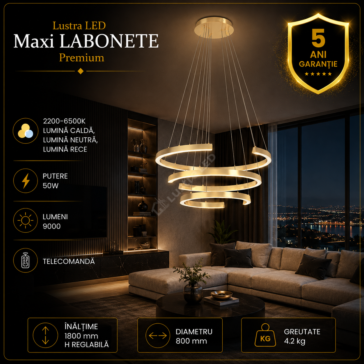 Lustra LED Premium Maxi Labonete Gold Echivalent 900W Telecomanda