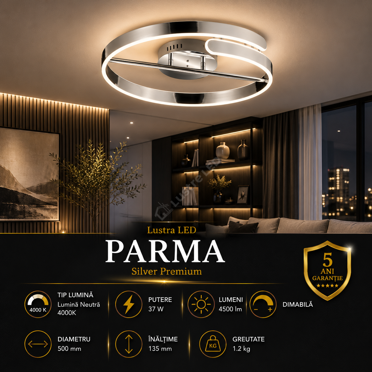 Lustra LED Premium Parma Silver Echivalent 450W | 4000K