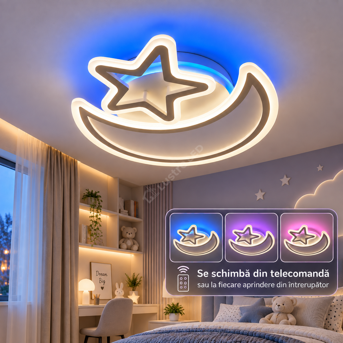 Lustra LED SEMILUNA Alba RGB Echivalent 600W Telecomanda
