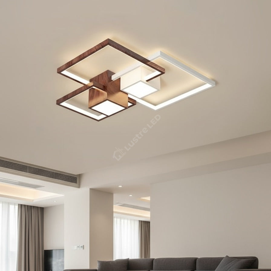 Lustra LED Squares White & Wood Design Echivalent 800W Telecomanda