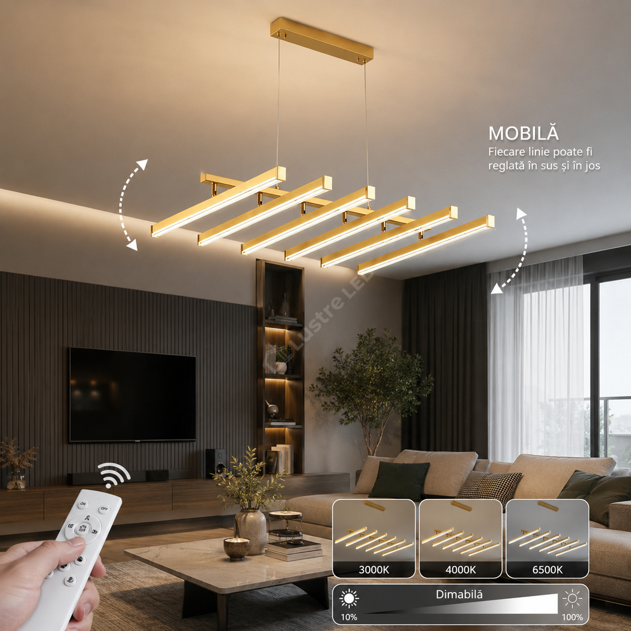 Lustra LED Suspendata 6 Linii Reglabile Gold Echivalent 800W Telecomanda