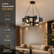 Lustra LED Suspendata 60cm 6xG9 Faye Black Sticla Fumurie