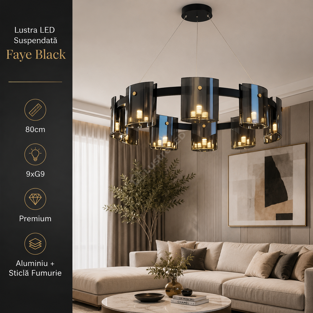 Lustra LED Suspendata 80cm 9xG9 Faye Black Sticla Fumurie