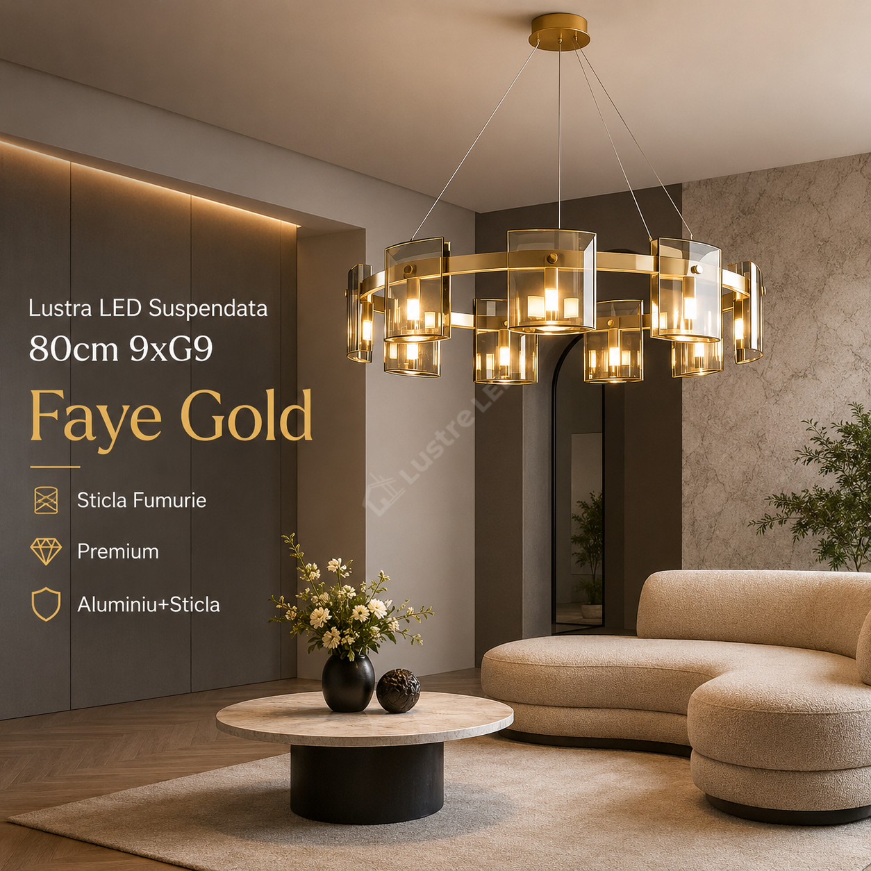 Lustra LED Suspendata 80cm 9xG9 Faye Gold Sticla Fumurie