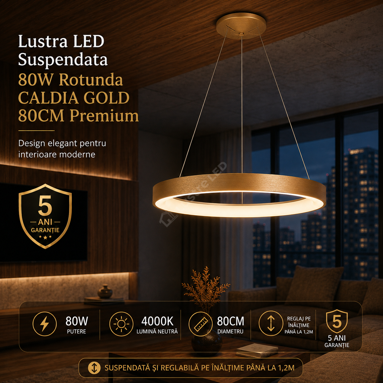 Lustra LED Suspendata 80W Rotunda CALDIA GOLD 80CM Premium