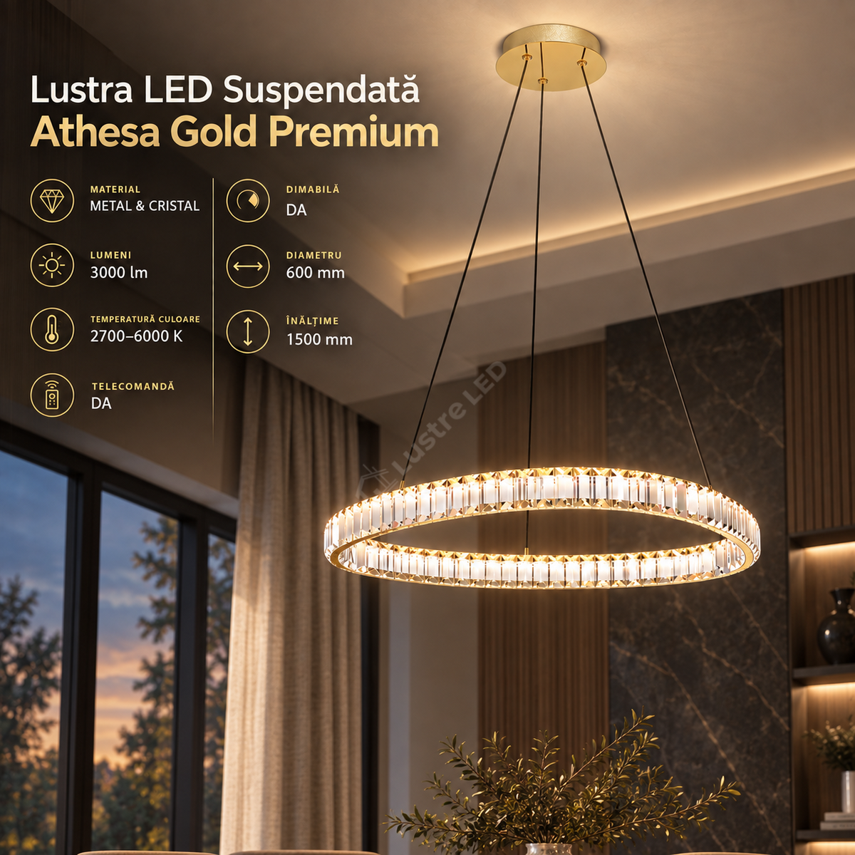 Lustra LED Suspendata Athesa Crystal Gold Premium Echivalent 300W Telecomanda