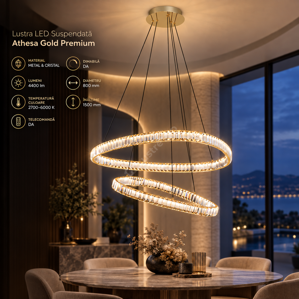 Lustra LED Suspendata Athesa Double Crystal Gold Premium Echivalent 450W Telecomanda