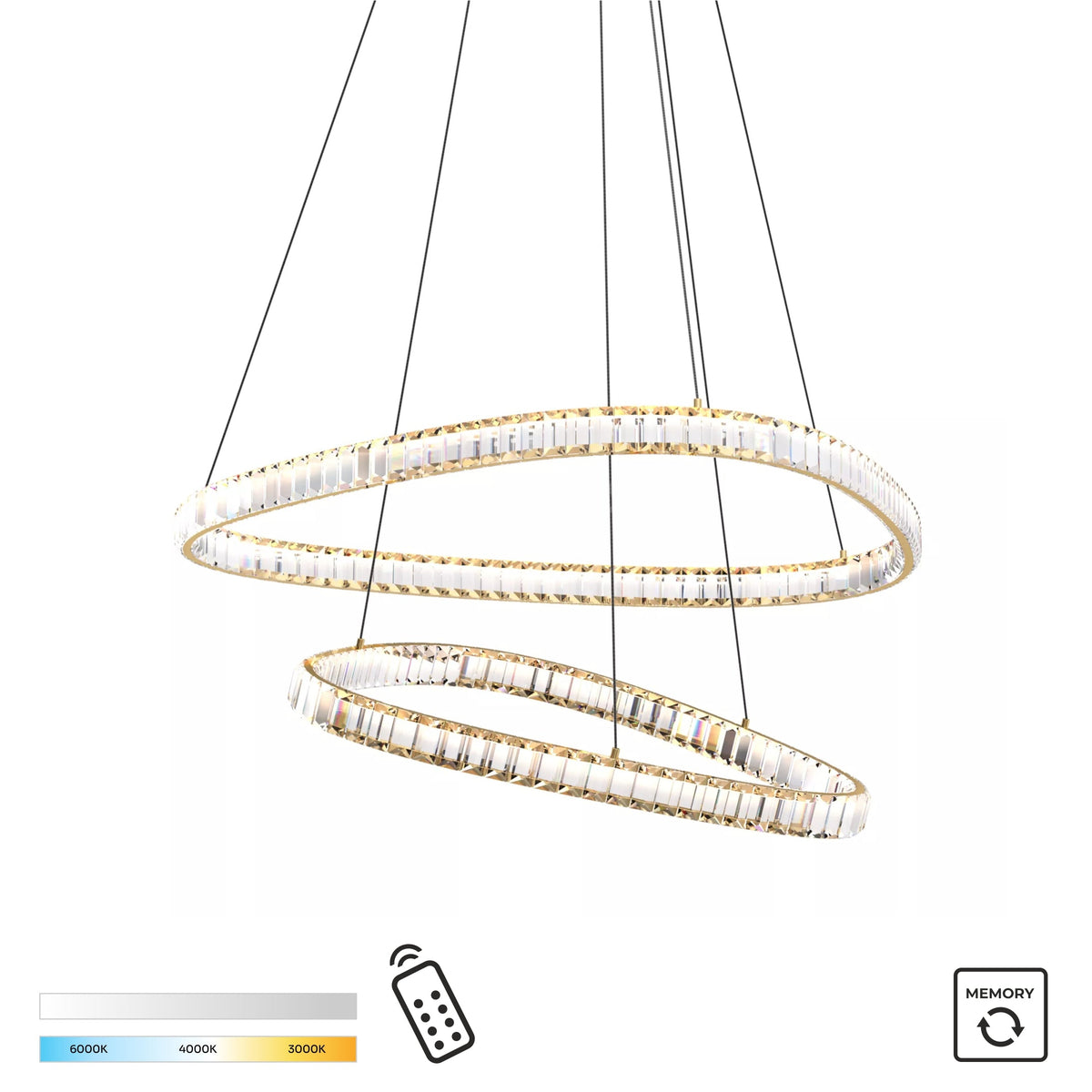 Lustra LED Suspendata Athesa Double Crystal Gold Premium Echivalent 450W Telecomanda