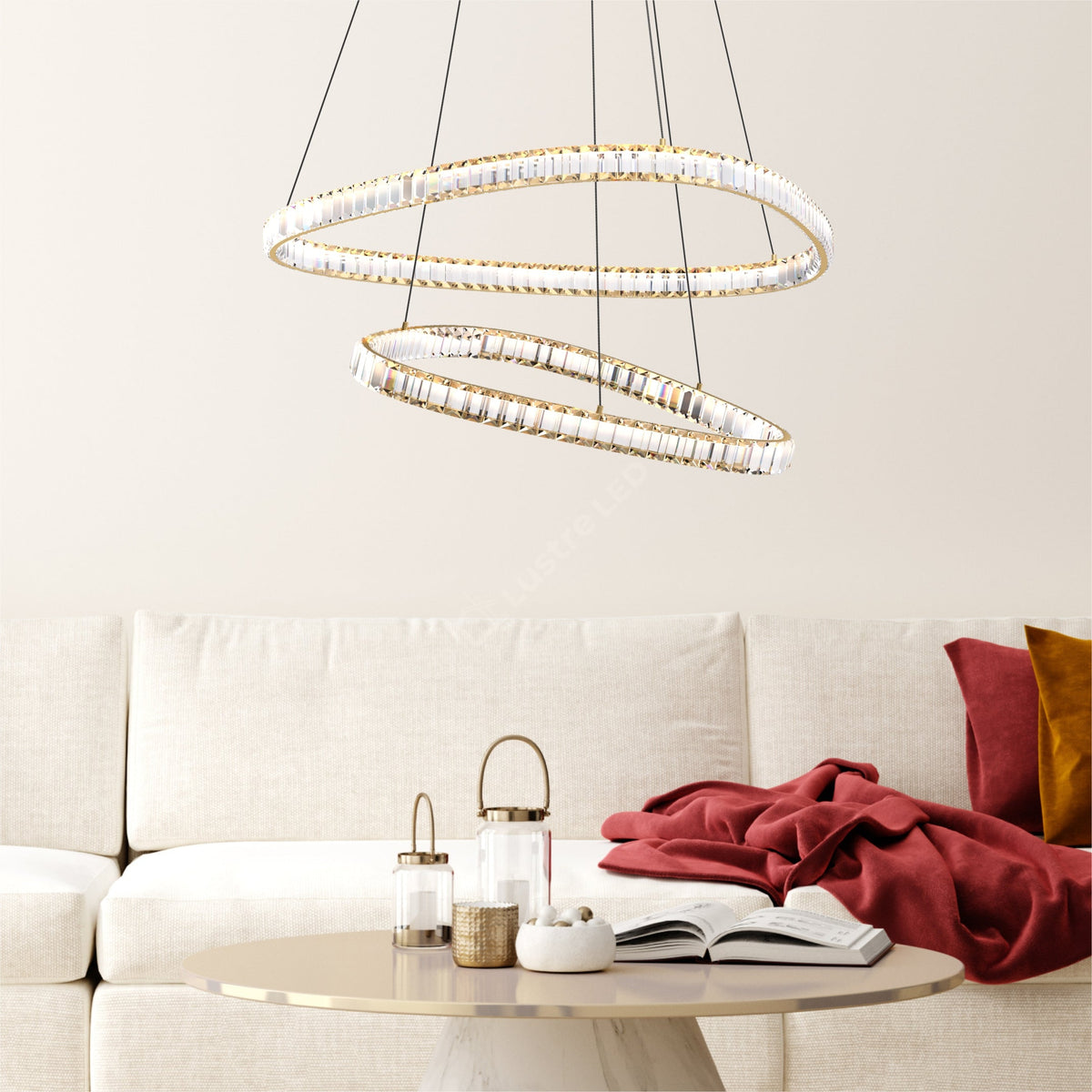 Lustra LED Suspendata Athesa Double Crystal Gold Premium Echivalent 450W Telecomanda