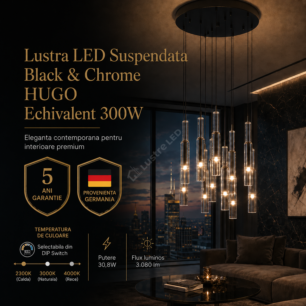 Lustra LED Suspendata Black & Chrome HUGO Liniara Echivalent 300W