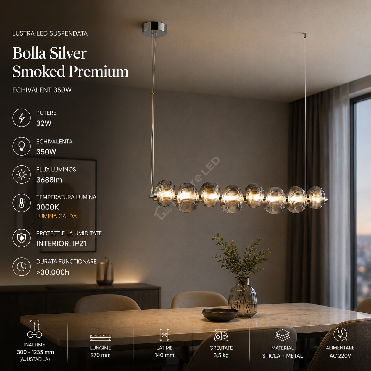 Lustra LED Suspendata Bolla Silver Smoked Premium Echivalent 350W