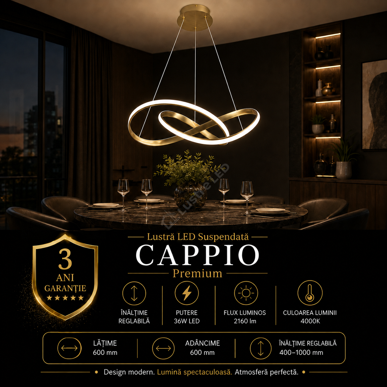 Lustra LED Suspendata Cappio Gold Premium Echivalent 200W