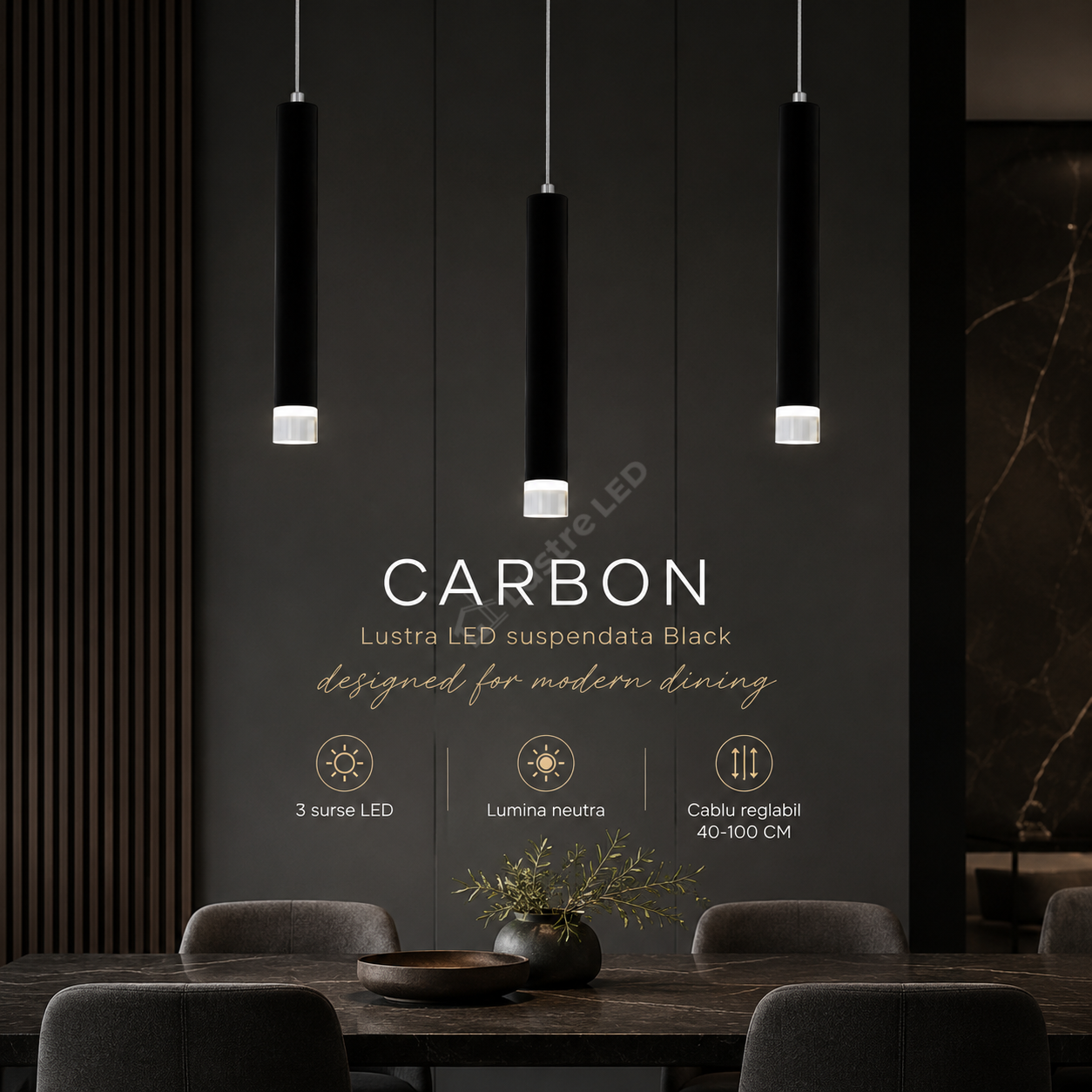 Lustra LED Suspendata CARBON Black 3 Tuburi 45CM Echivalent 70W