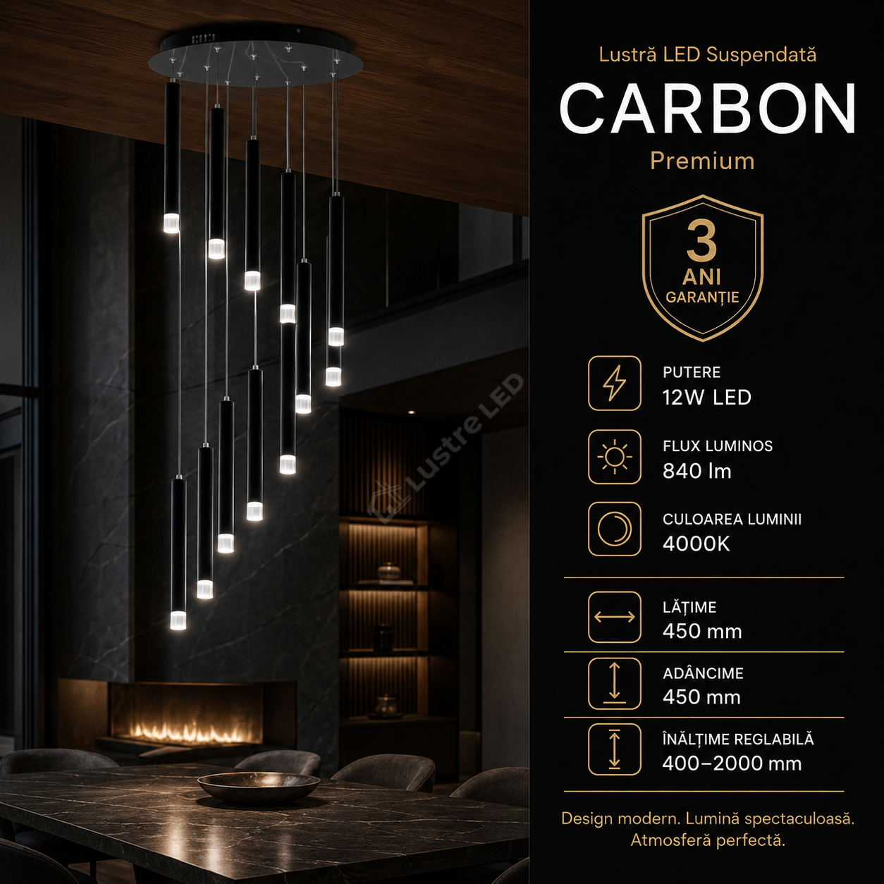 Lustra LED Suspendata Carbon Black Premium Echivalent 100W
