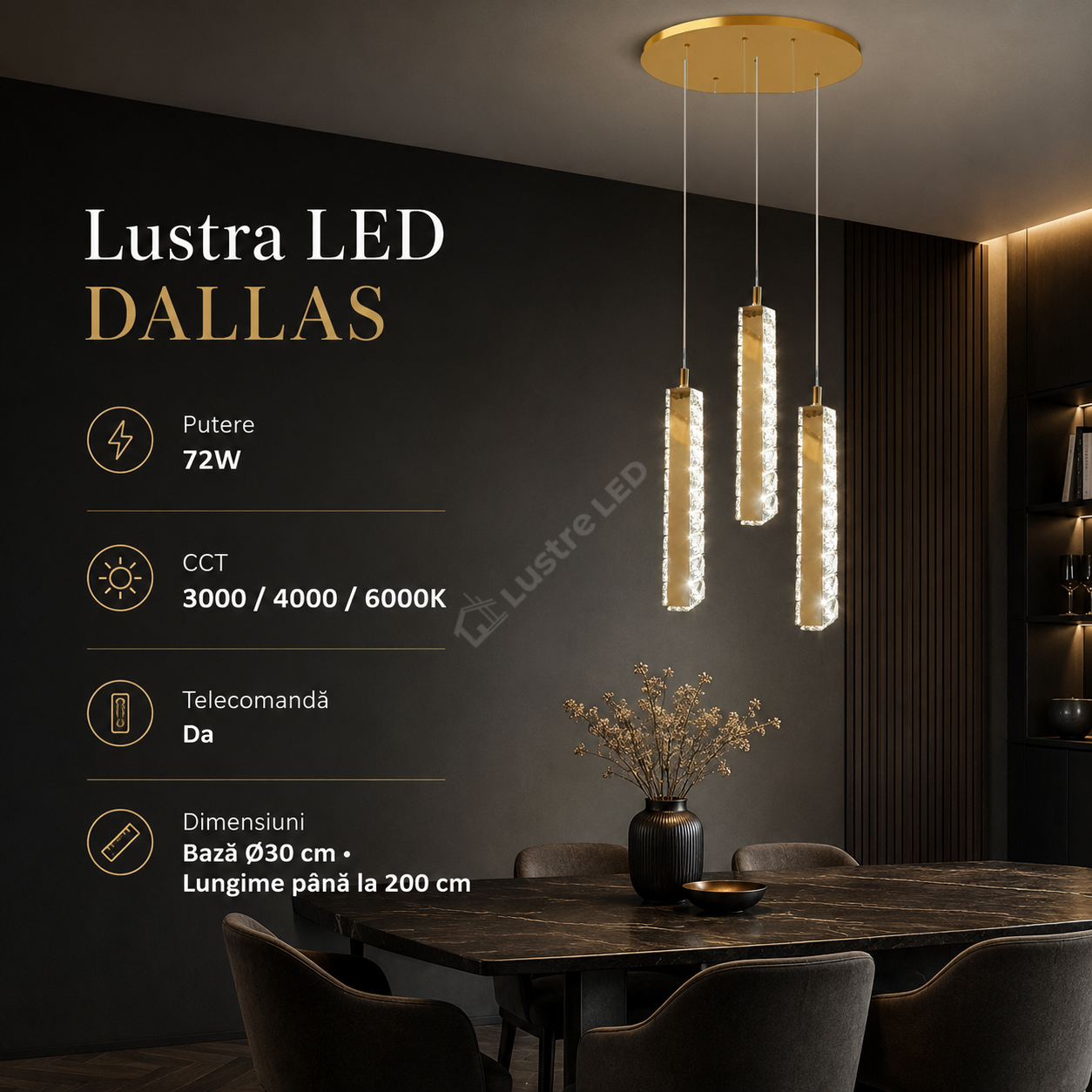 Lustra LED Suspendata DALLAS Gold 72W CCT Telecomanda Echivalent 360W