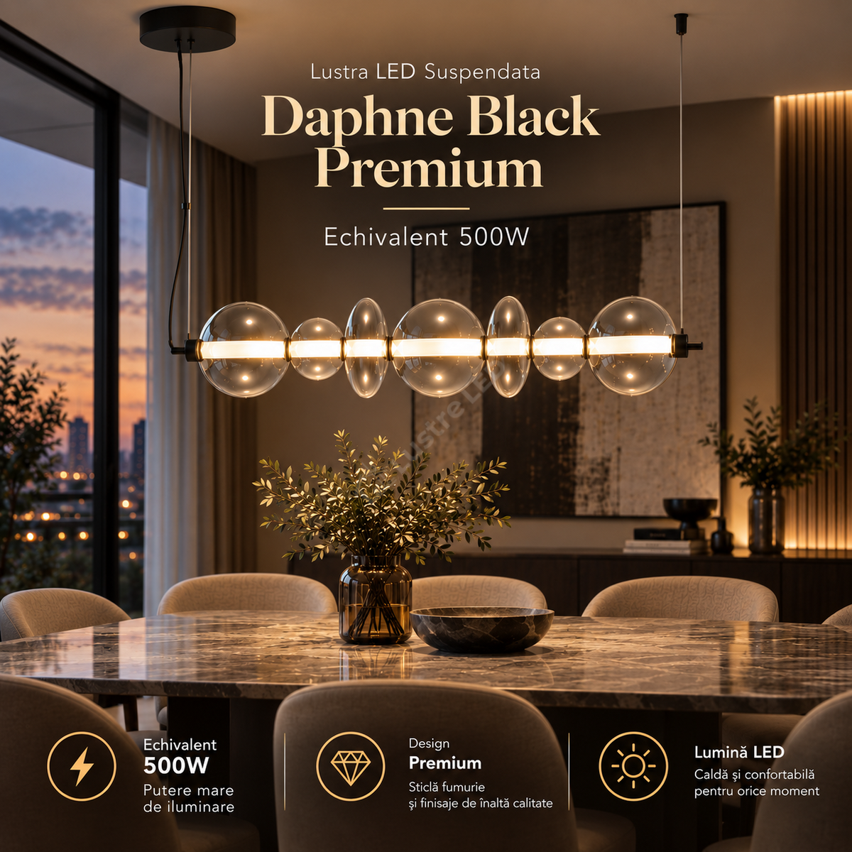 Lustra LED Suspendata Daphne Black Premium Echivalent 500W