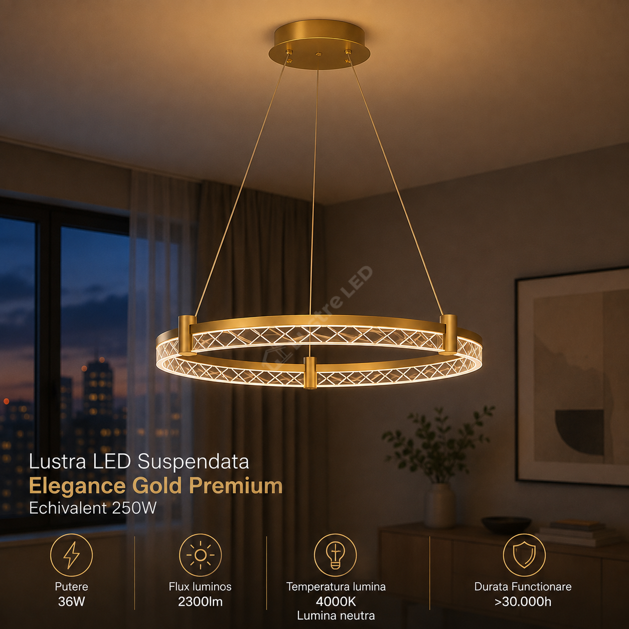 Lustra LED Suspendata Elegance Gold Premium Echivalent 250W