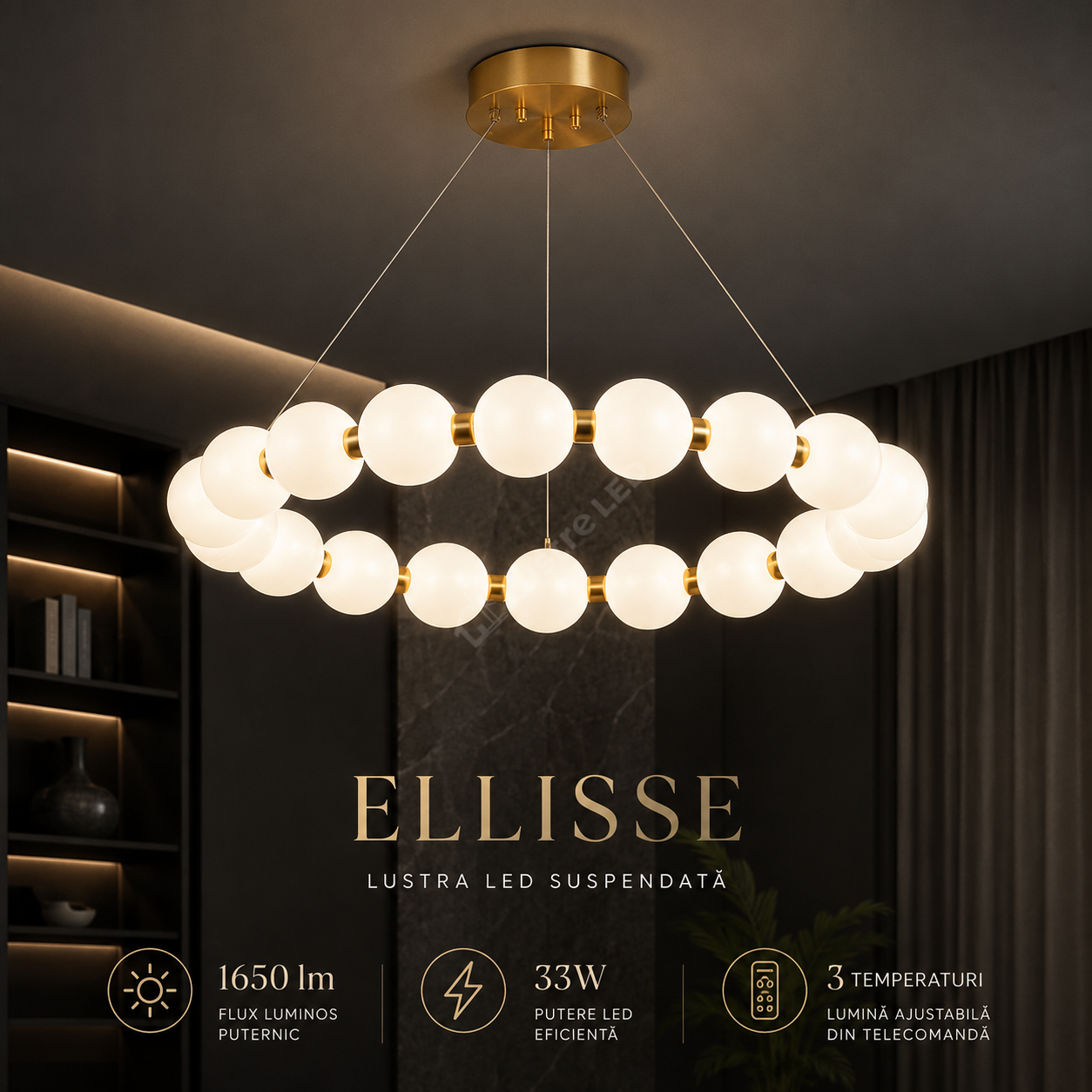 Lustra LED Suspendata ELLISSE Gold 14 Bile Ø60CM Echivalent 165W Telecomanda