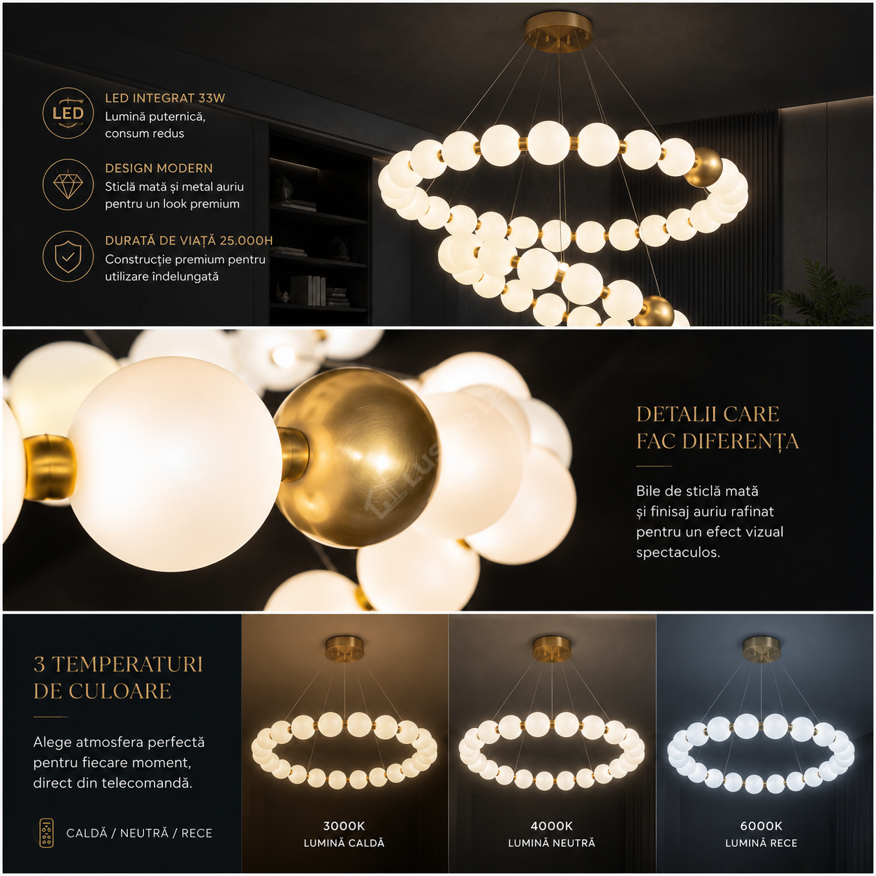 Lustra LED Suspendata ELLISSE Gold 14 Bile Ø60CM Echivalent 165W Telecomanda