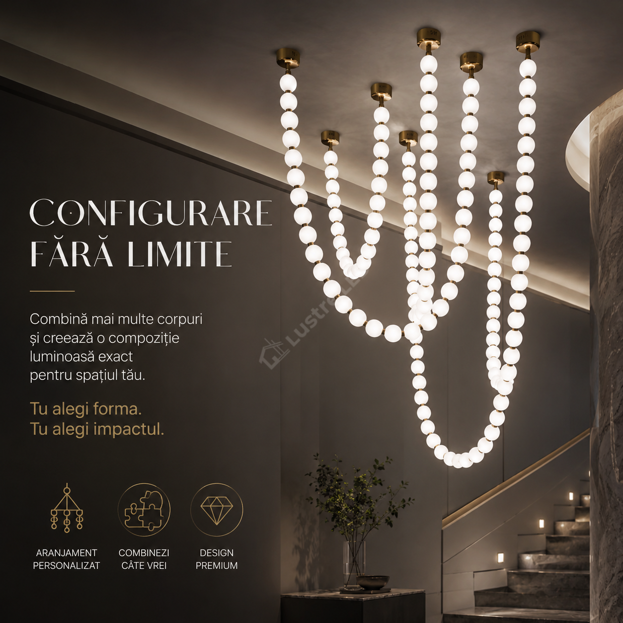 Lustra LED Suspendata ELLISSE Gold 18 Globuri 210CM Echivalent 450W Telecomanda