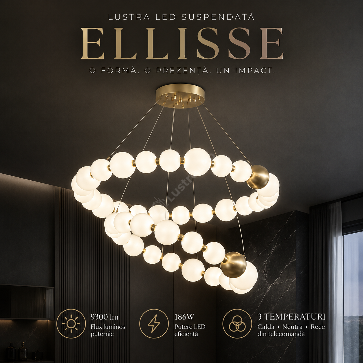 Lustra LED Suspendata ELLISSE Gold 36 Globuri Ø92CM Echivalent 930W Telecomanda