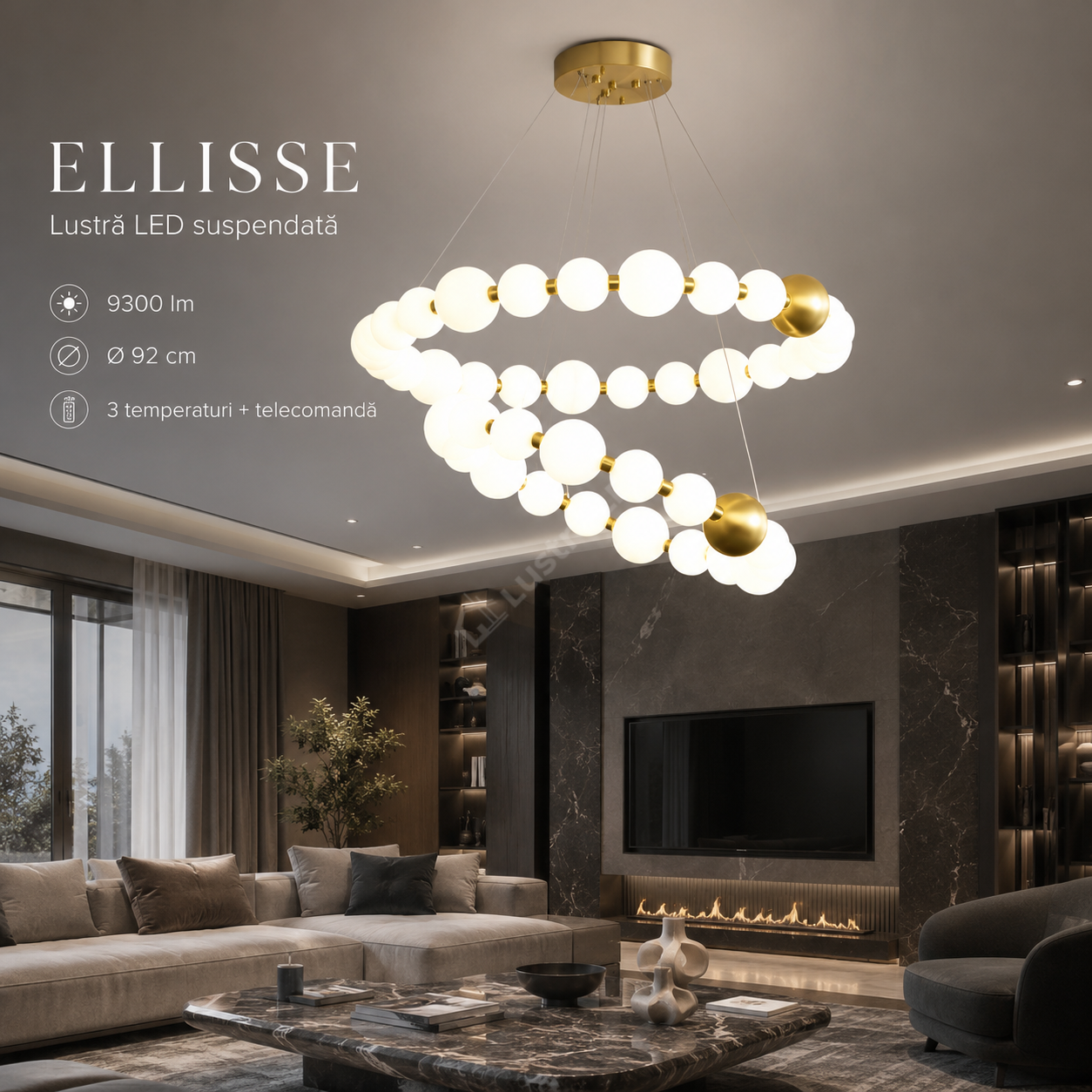 Lustra LED Suspendata ELLISSE Gold 36 Globuri Ø92CM Echivalent 930W Telecomanda