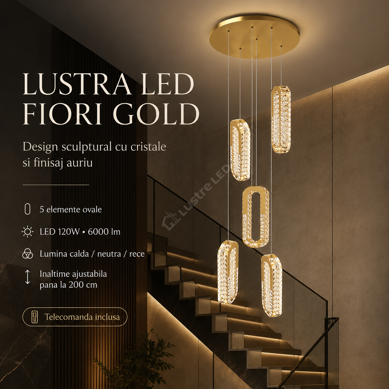Lustra LED Suspendata FIORI Gold 200CM Telecomanda Echivalent 600W