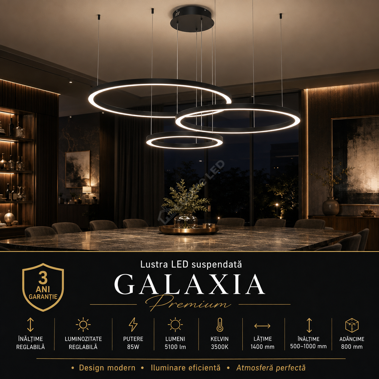 Lustra LED Suspendata Galaxia Black Premium 3500K Echivalent 500W