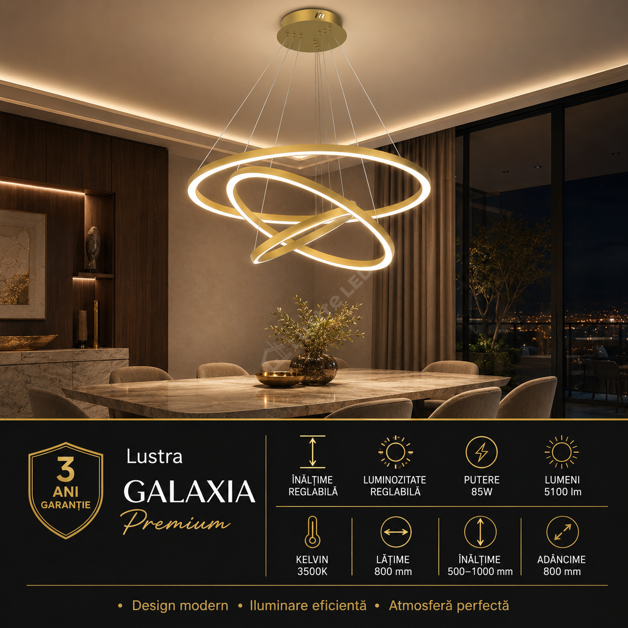 Lustra LED Suspendata Galaxia Gold Premium 3500K Echivalent 500W
