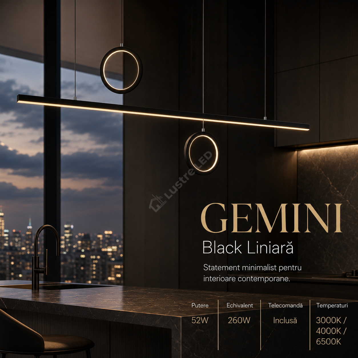 Lustra LED Suspendata GEMINI Black Liniara 120CM Echivalent 260W Telecomanda