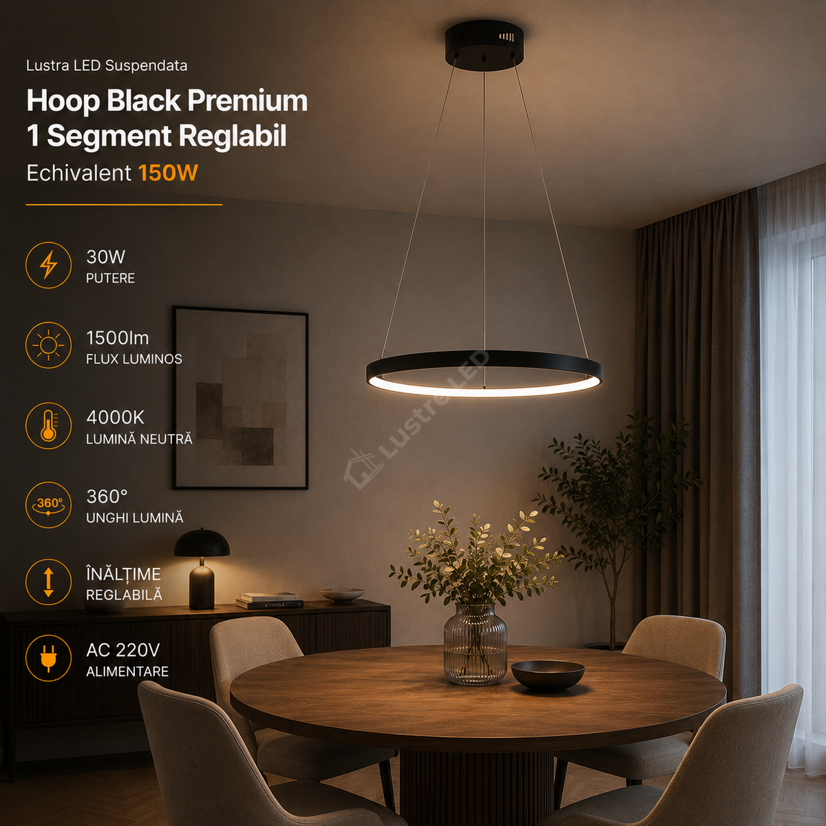 Lustra LED Suspendata Hoop Black Premium 1 Segment Reglabil Echivalent 150W