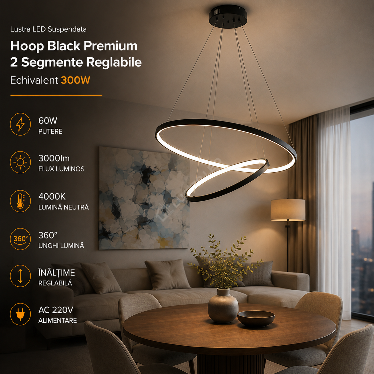 Lustra LED Suspendata Hoop Black Premium 2 Segmente Reglabile Echivalent 300W