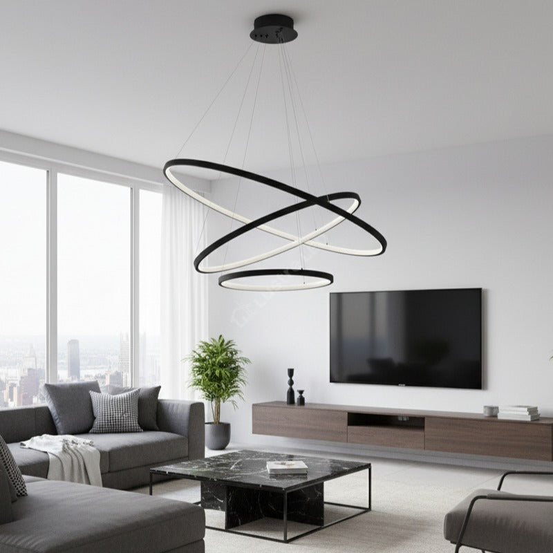 Lustra LED Suspendata Hoop Black Premium 3 Segmente Reglabile Echivalent 600W