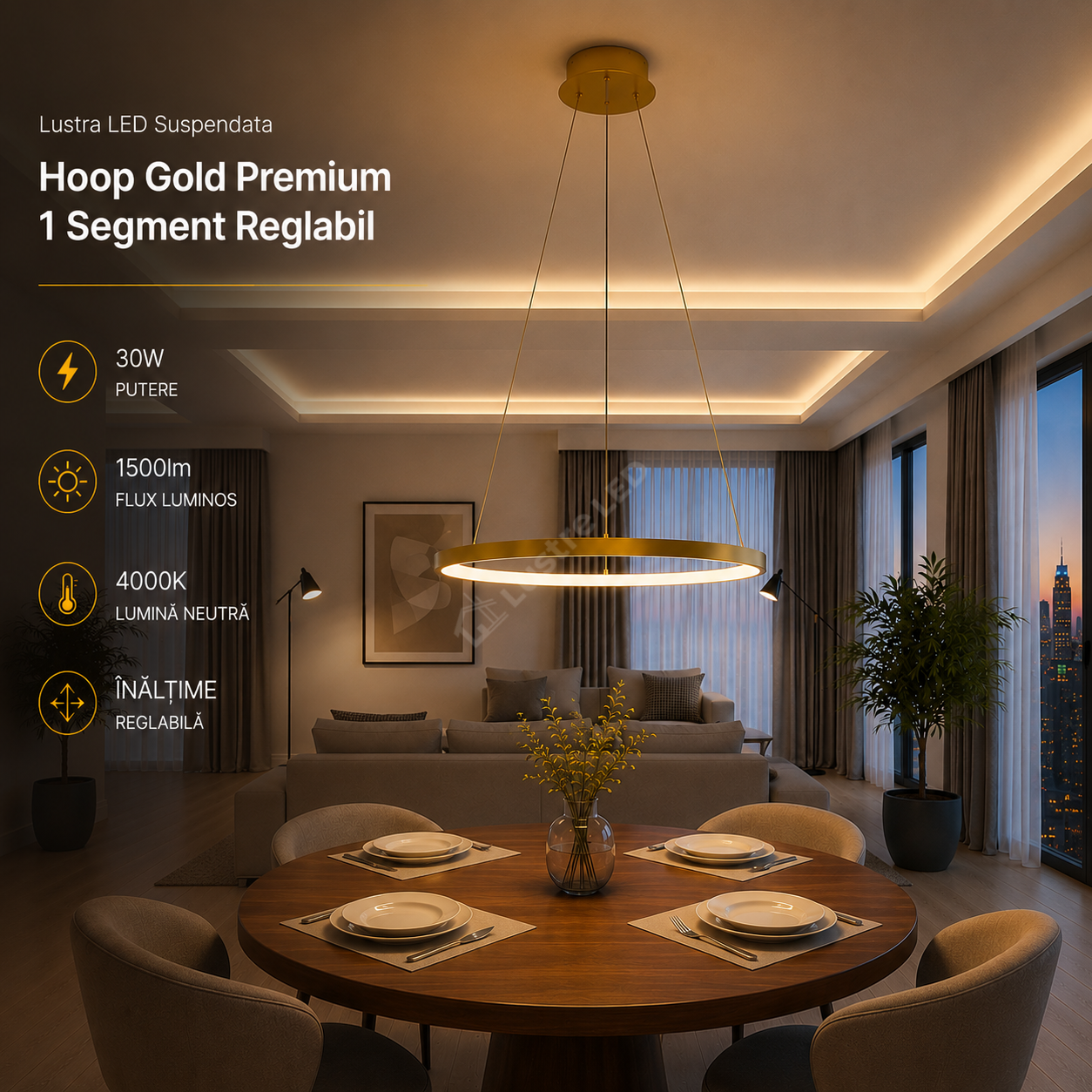 Lustra LED Suspendata Hoop Gold Premium 1 Segment Reglabil Echivalent 150W