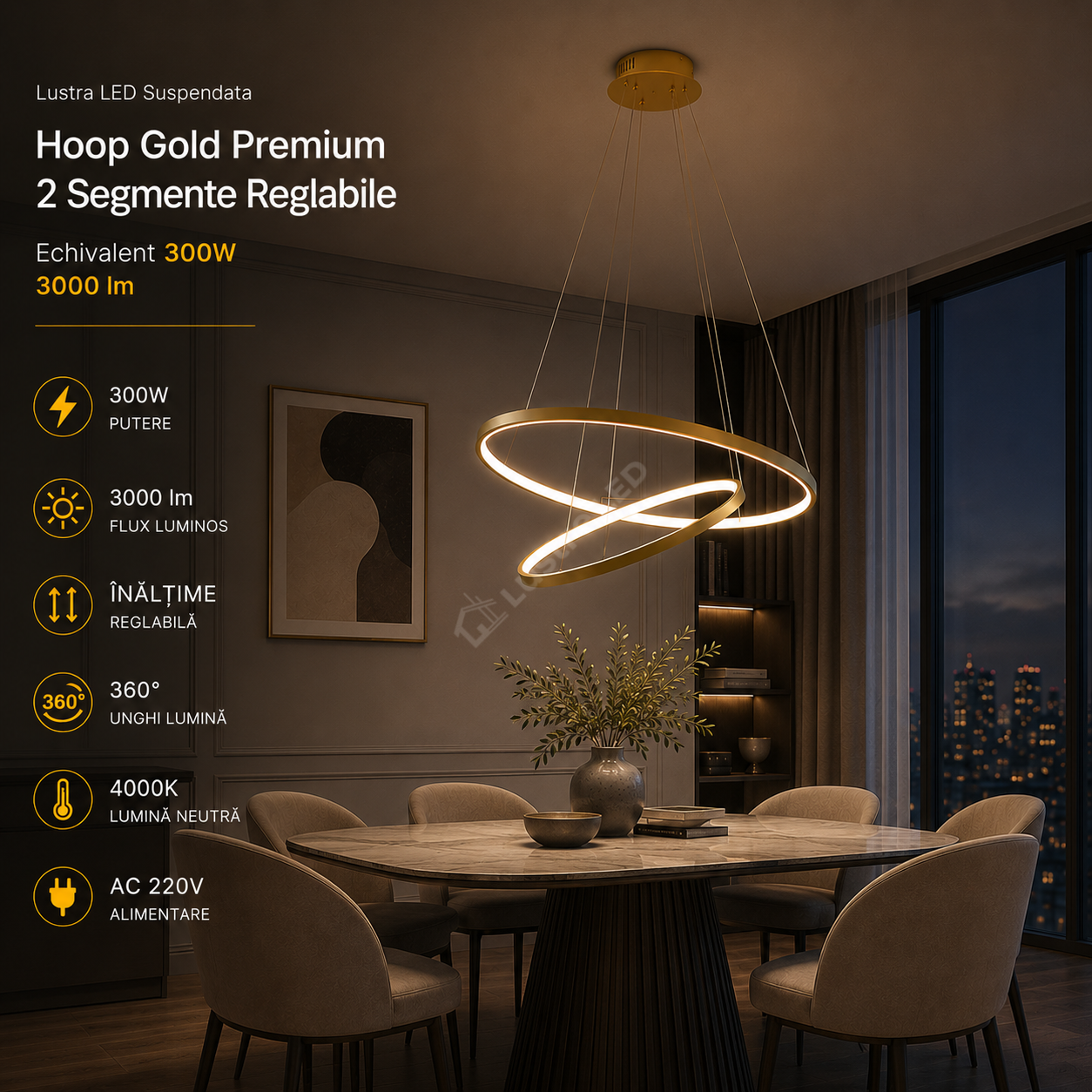 Lustra LED Suspendata Hoop Gold Premium 2 Segmente Reglabile Echivalent 300W